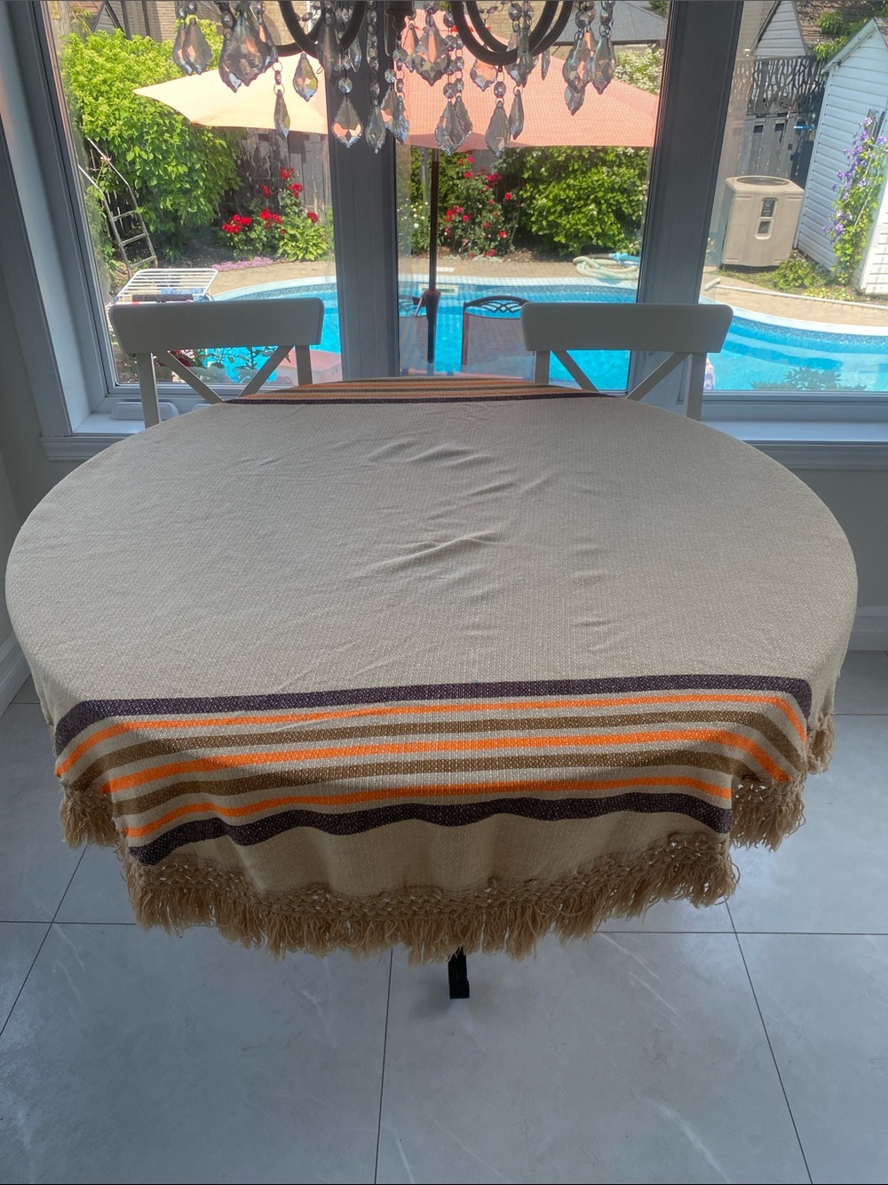 1970s VTG Tan Round tablecloth w brown & Orange stripes & Fringe accent 60”